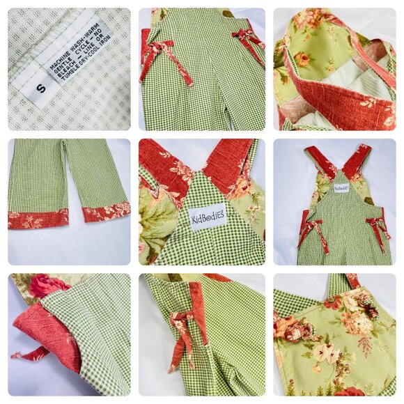 Vintage Boho Neutral Gingham Green Floral Cropped Overalls Romper Small / 5 - 6 - Picture 2 of 14